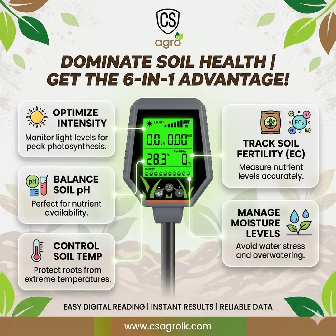 6-in-1 Soil Tester PH Meter, EC, Light Intensity, Fertility, Temperature and Humidity Tester